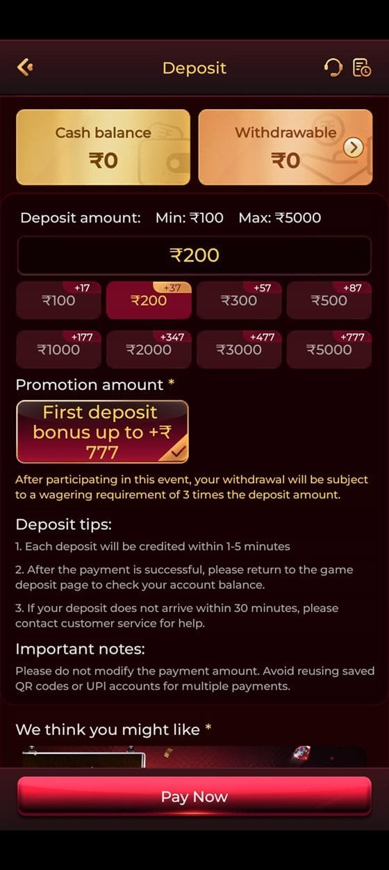 ix7 game app deposit screen with ₹100 to ₹5,000 presets and first deposit bonus up to ₹777