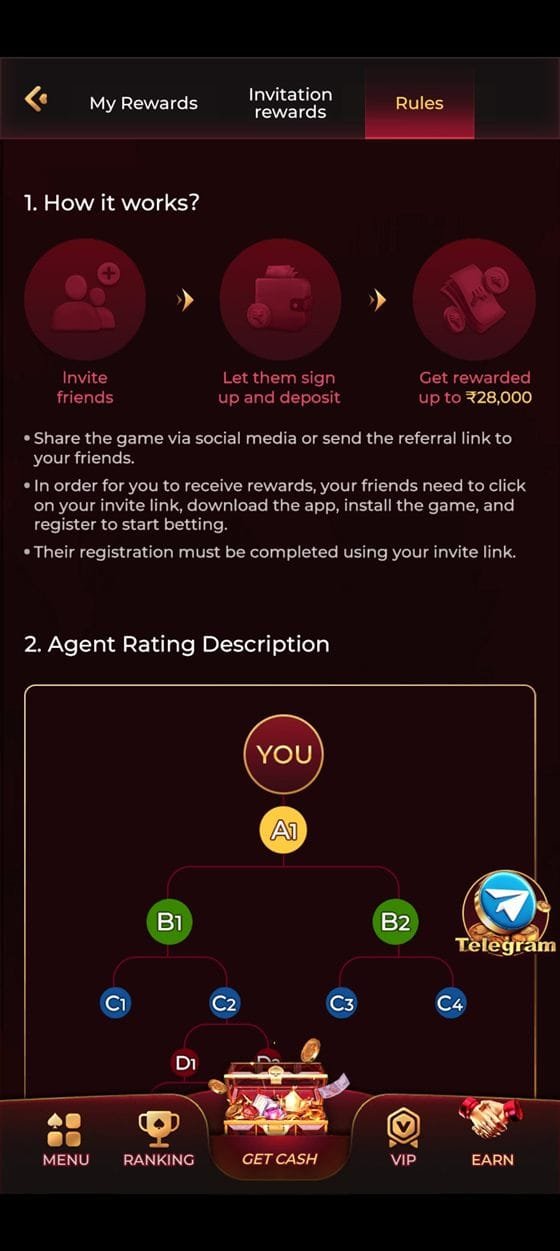 ix7 game referral rules screen explaining how invitation rewards work