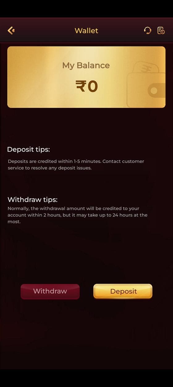 ix7 game app wallet screen showing balance, deposit tips and withdraw tips
