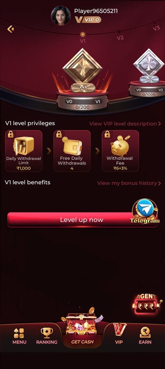 ix7 game VIP level screen showing V1 privileges, daily withdrawal limit and free daily withdrawals