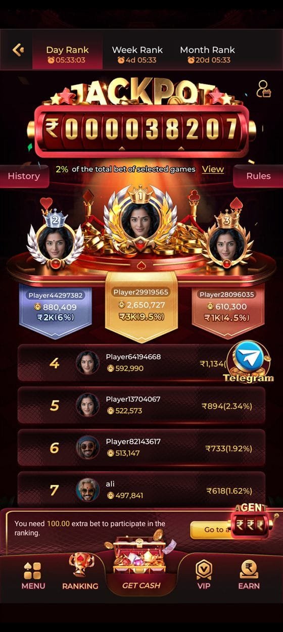 ix7 game jackpot ranking screen with day, week and month leaderboards