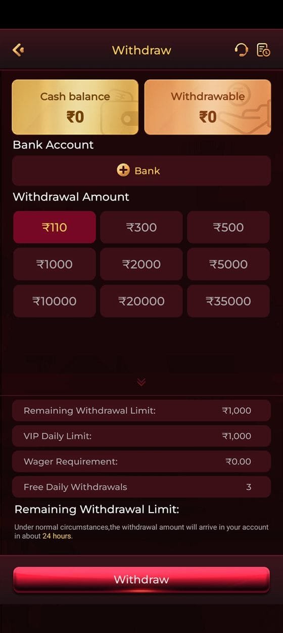 ix7 app withdraw screen with amount presets from ₹110 and daily withdrawal limits